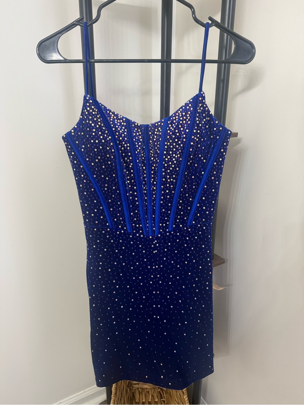 Royal Blue Velvet Mini Dress with Crystal Accents